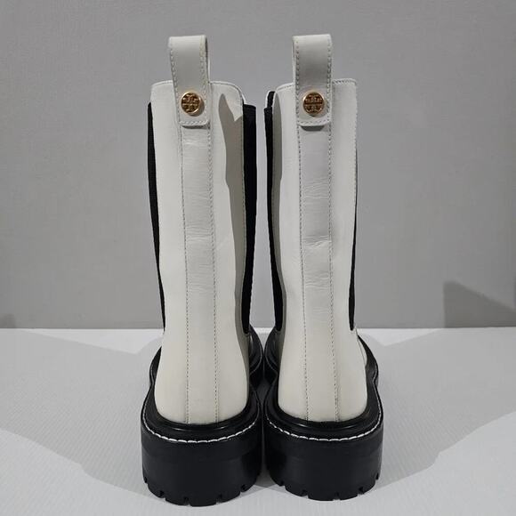 Tory Burch Benton Boot Womens 10.5 Ivory Black Leather Lug Sole Platform Chelsea - Picture 6 of 16
